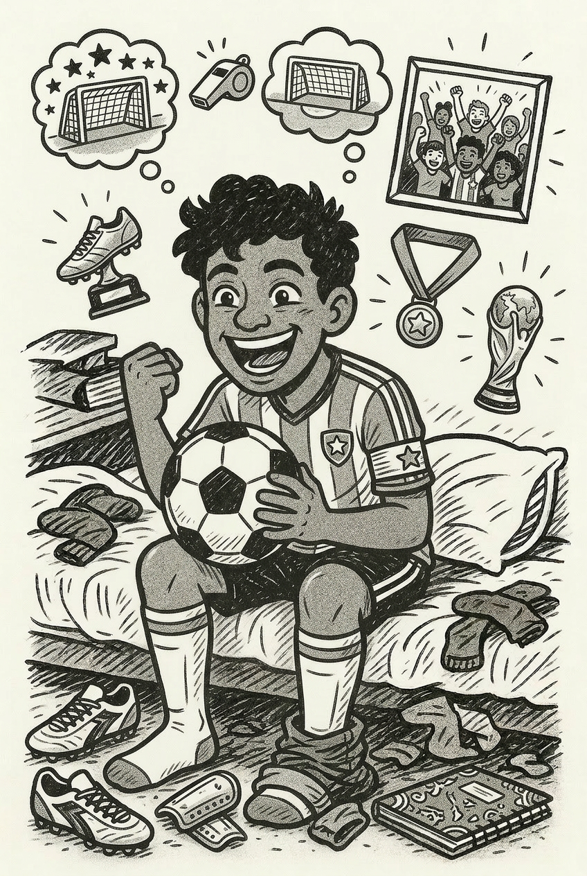 Stencil illustration of Elias laughing as a football star