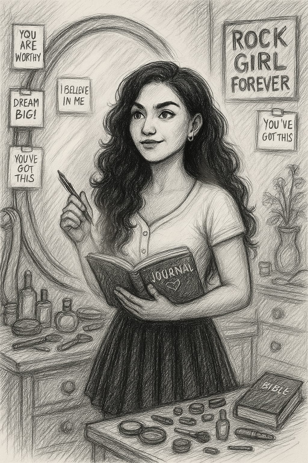 Stencil illustration of Gia journaling in her room