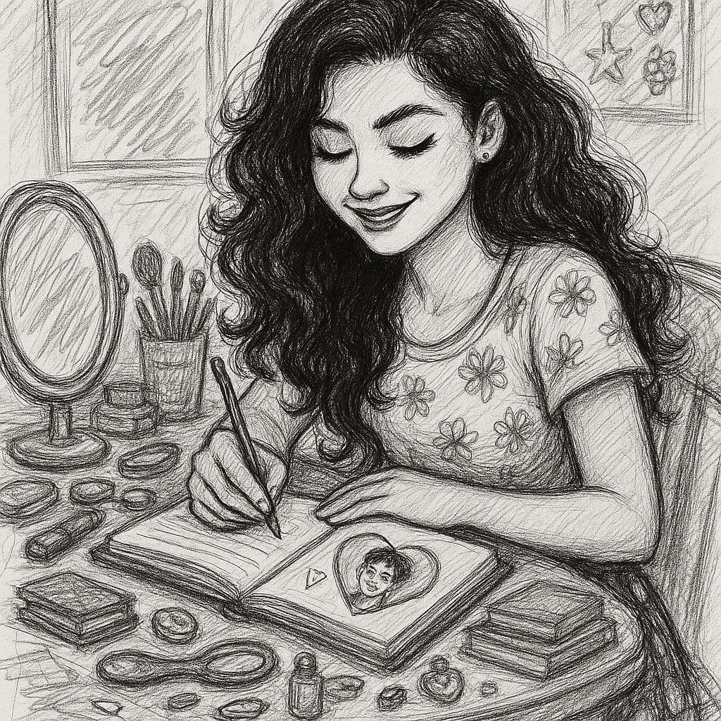 Stencil illustration: Gia writing quietly at her vanity